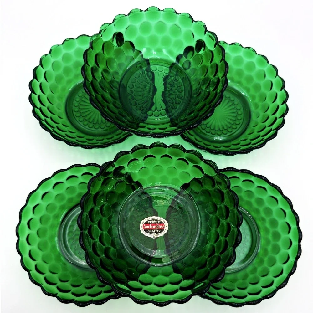 Vtg Anchor Hocking BUBBLE #1600 Line Forest Green Cereal Bowl Set of 6‎ - 1950s